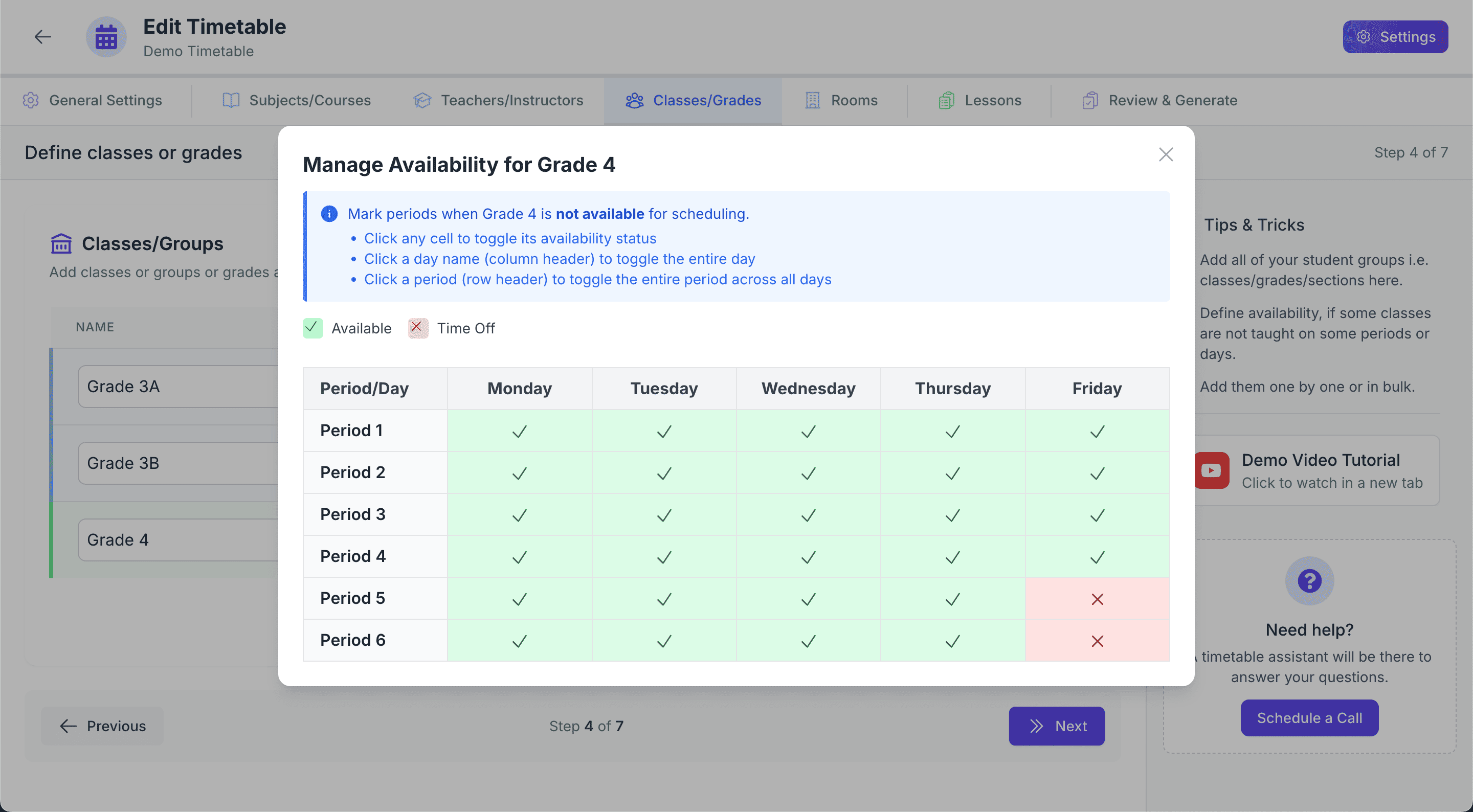 Modal or Interface for Setting Class Teacher and Availability