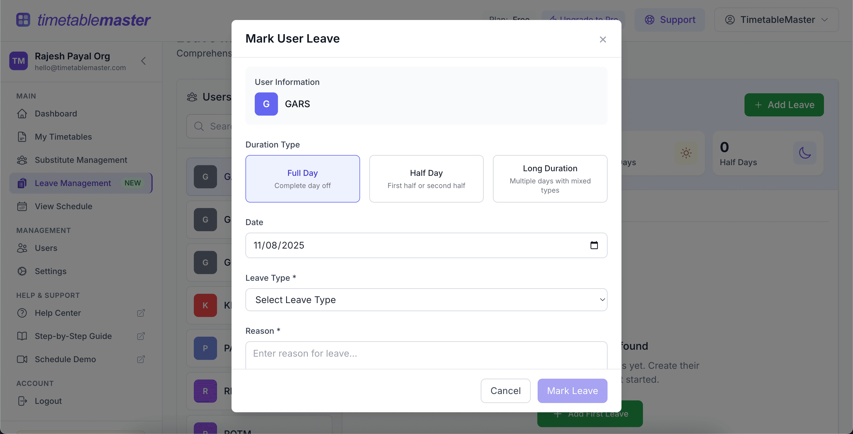 Mark User Leave modal showing application form with duration types and required fields