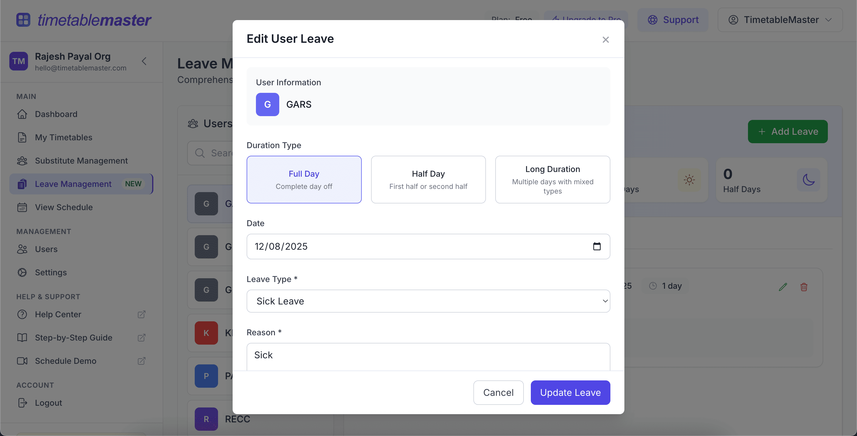 Edit User Leave modal showing pre-filled form data ready for modification