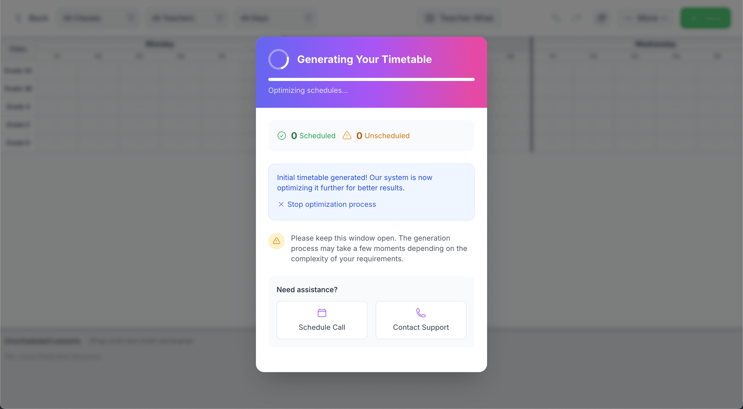 Timetable Generation in Progress Modal