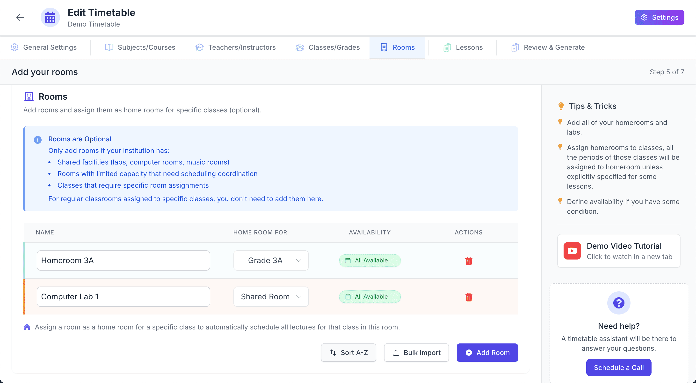 Interface for Adding and Managing Rooms