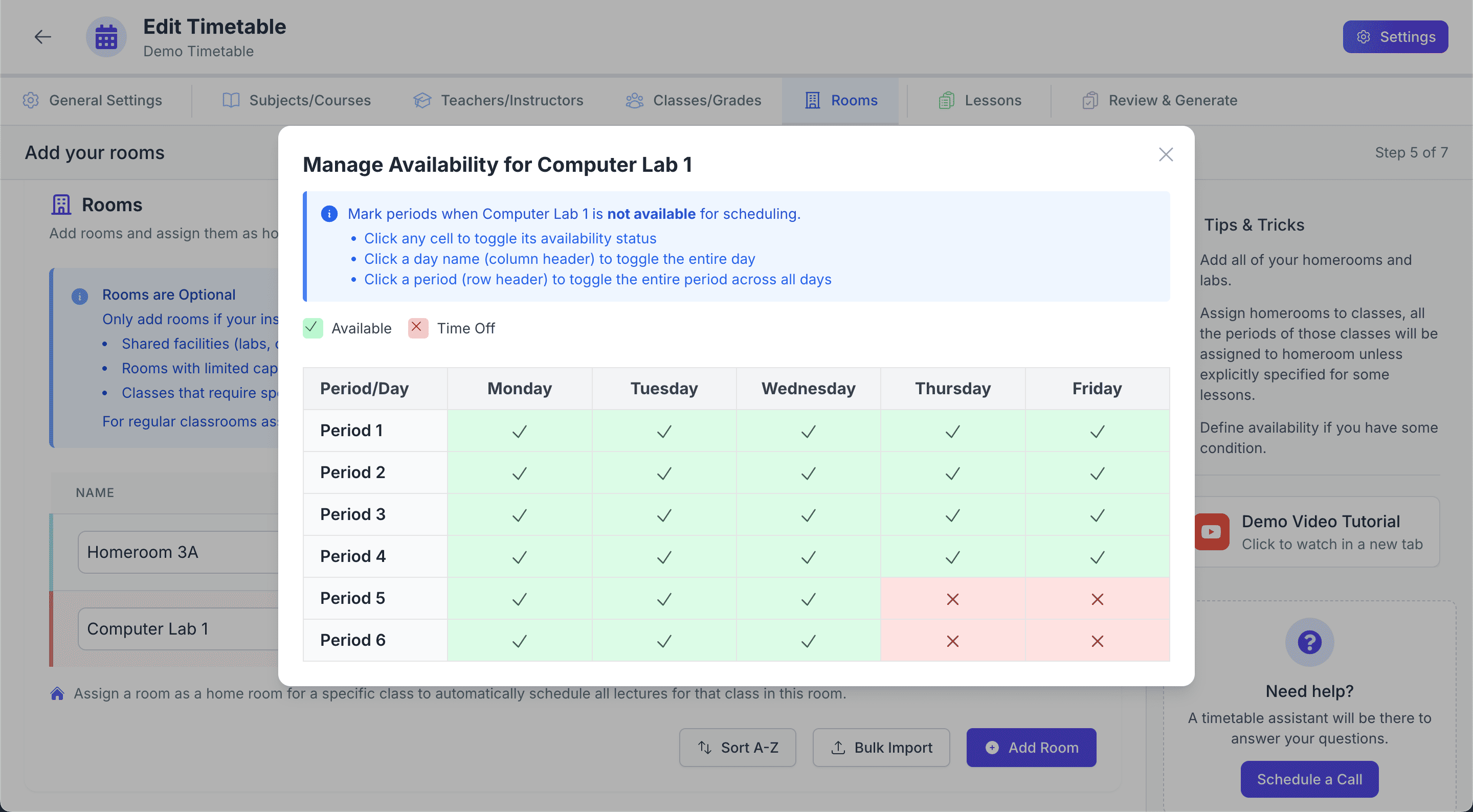 Modal or Interface for Setting Room Type, Home Room For, and Availability