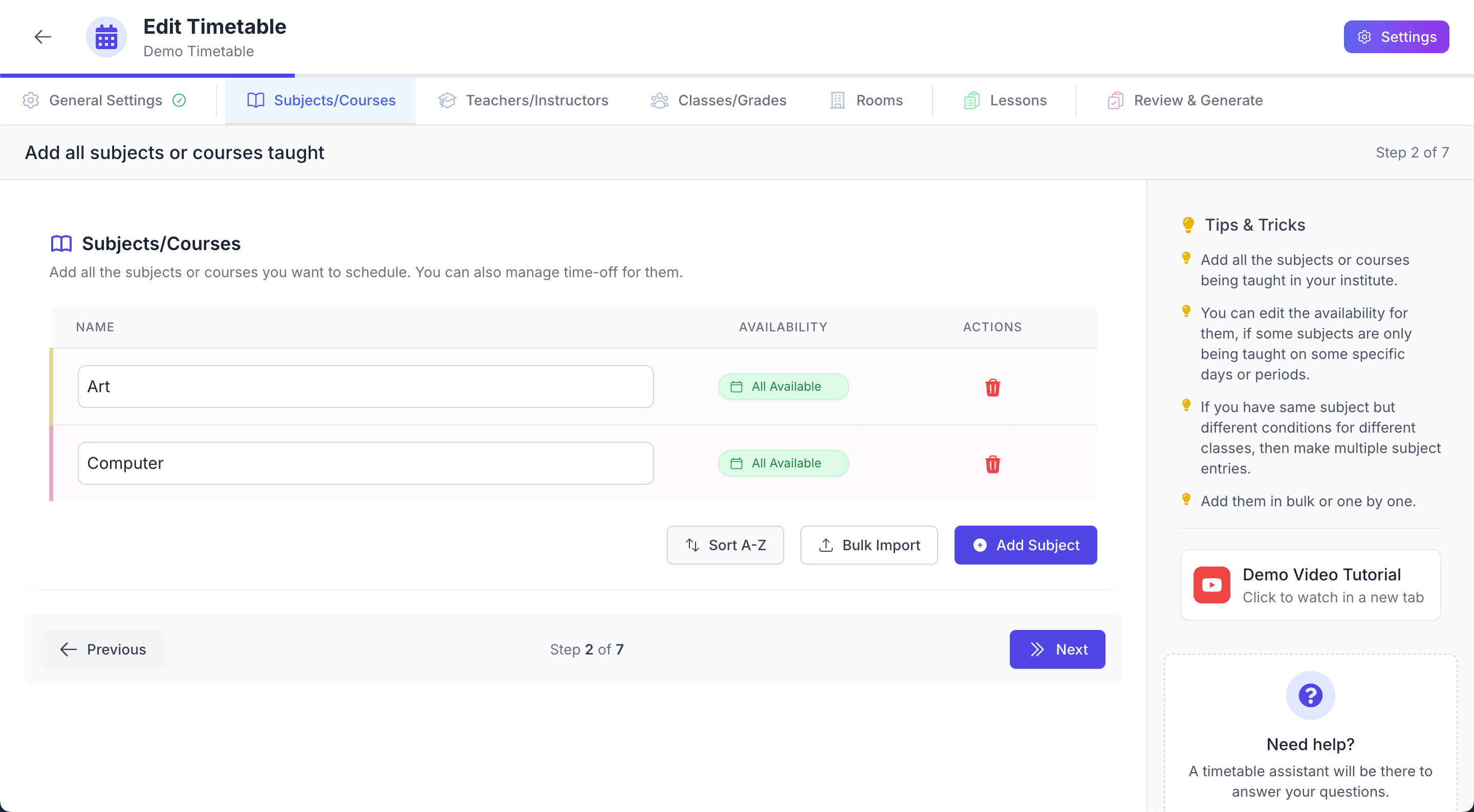 Interface for Adding and Managing Subjects