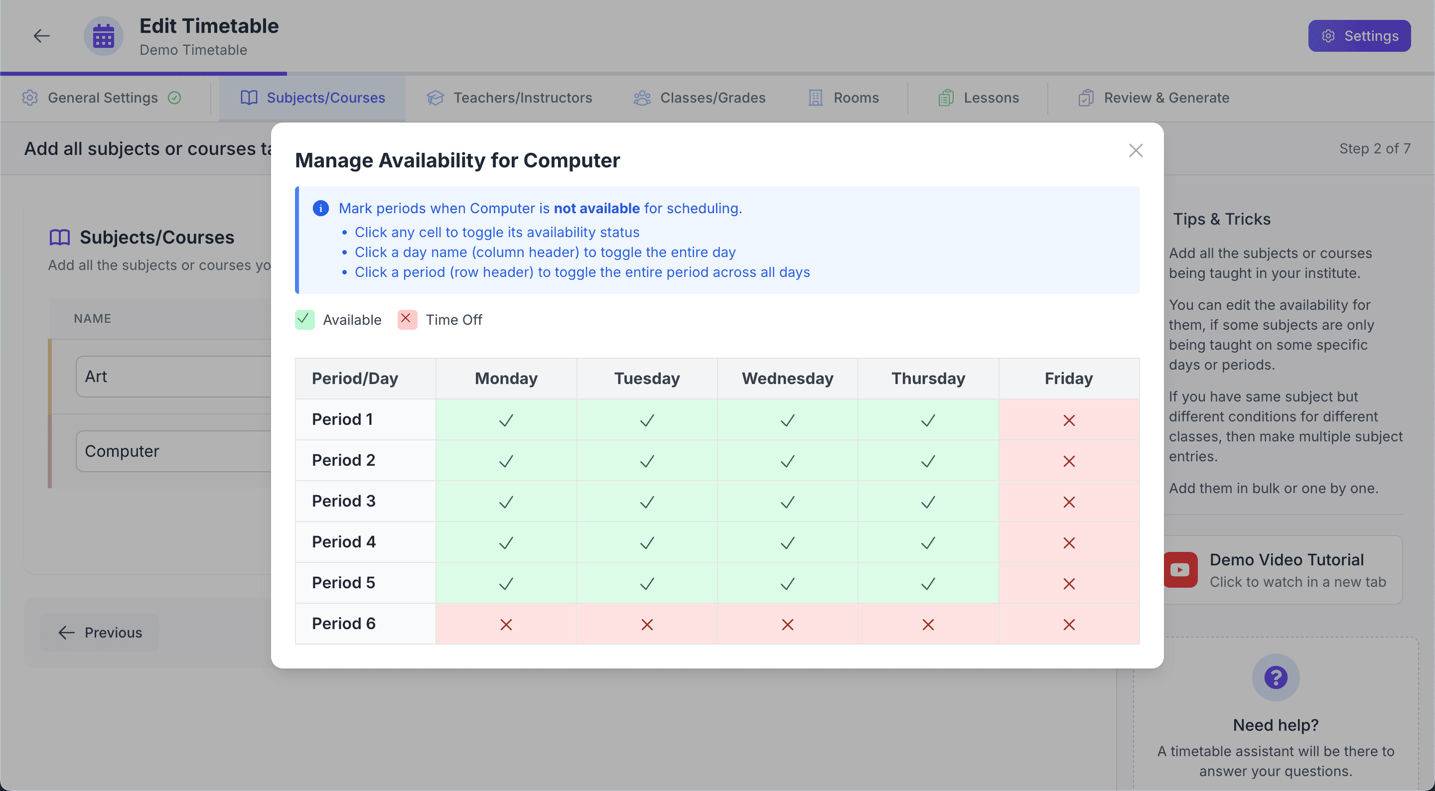 Modal for Setting Subject Availability and Time-Off