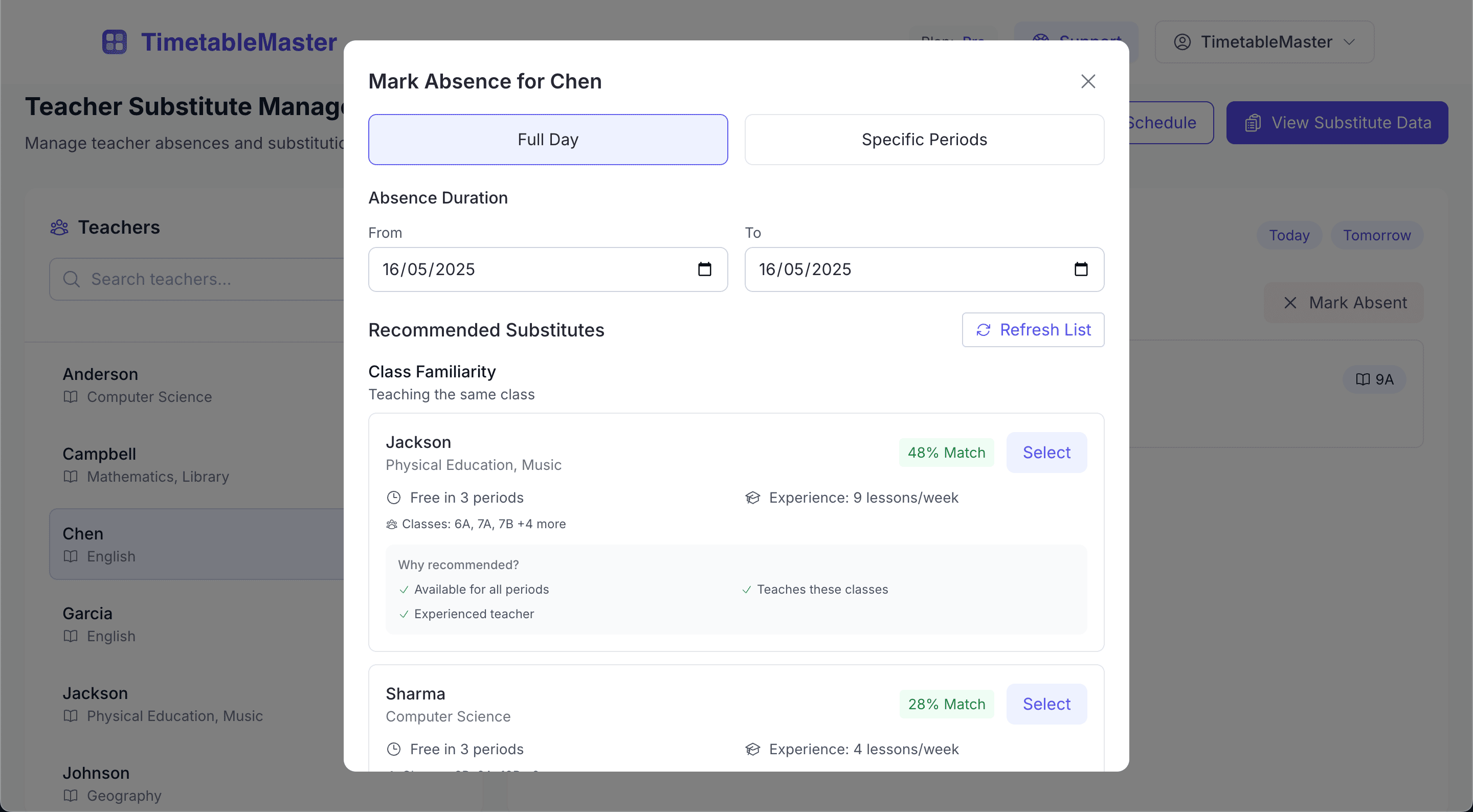 Mark Absent modal with options for full day or period-wise substitution