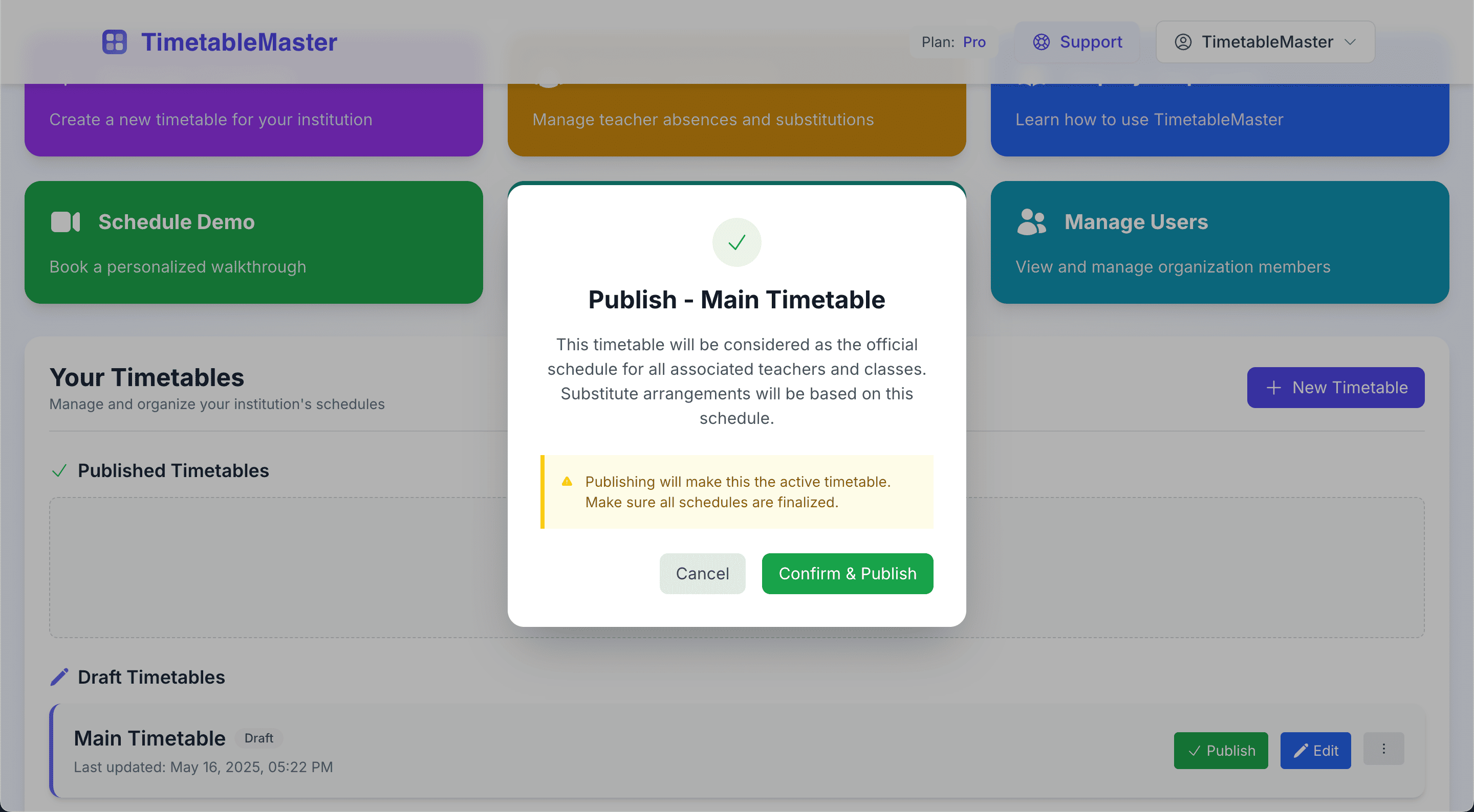 Publish Timetable Modal showing options and conflict warnings