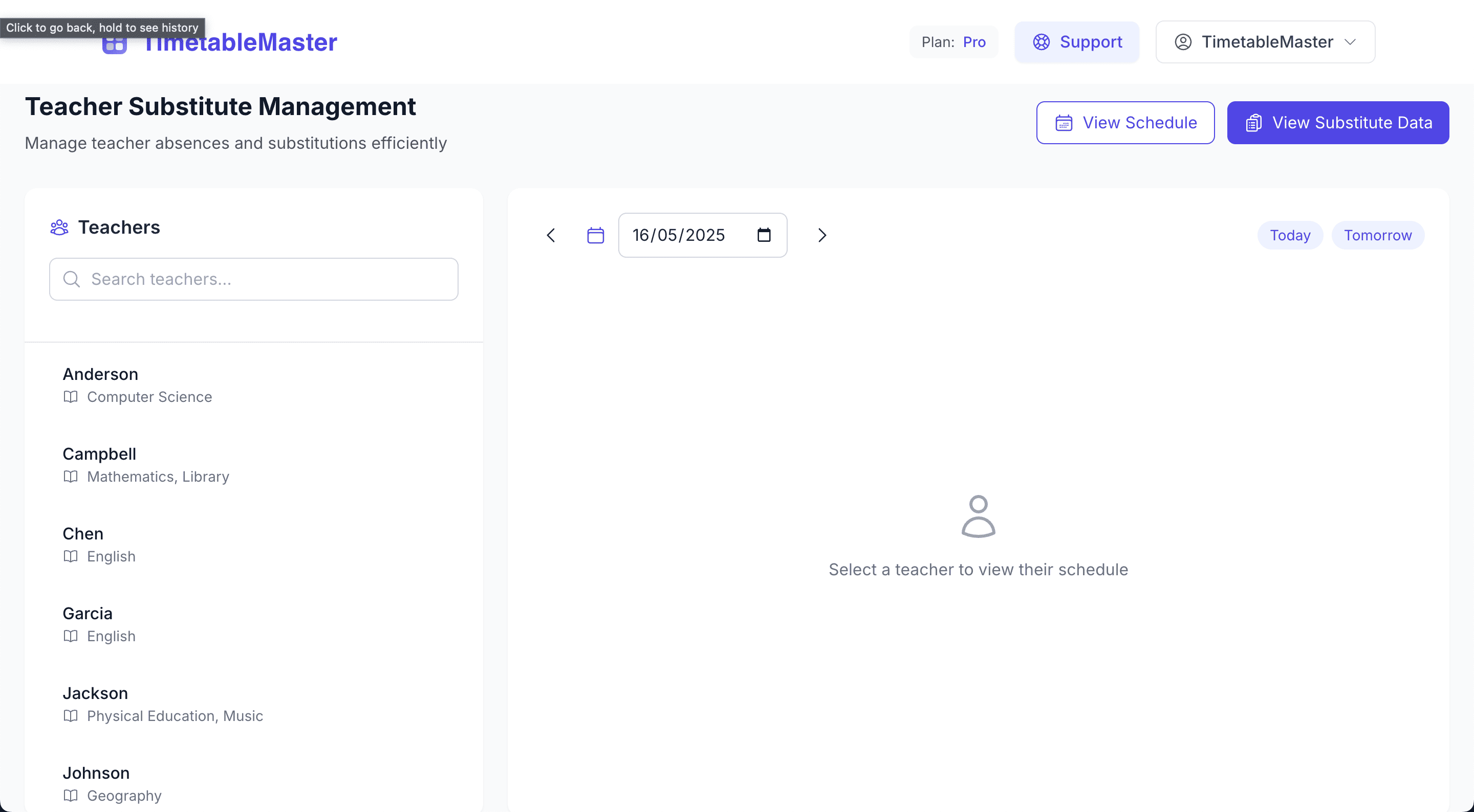 Teacher Substitute interface showing teacher list and schedule view