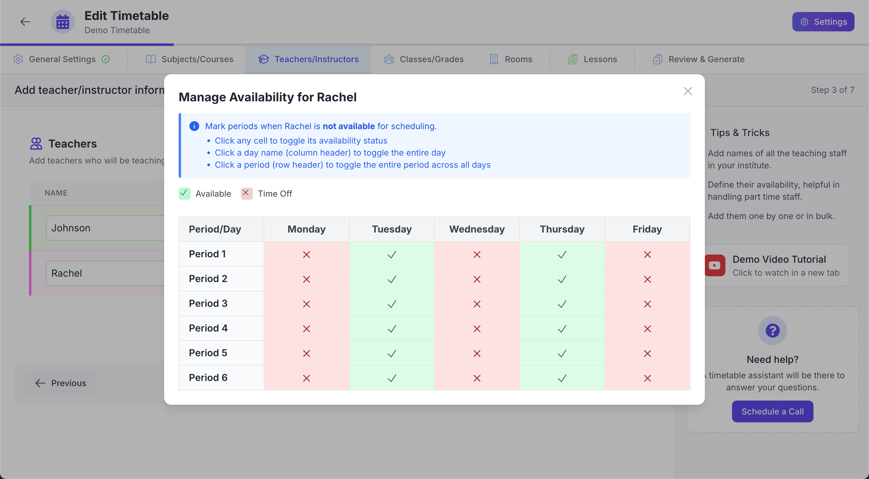Modal for Setting Teacher Availability and Time-Off